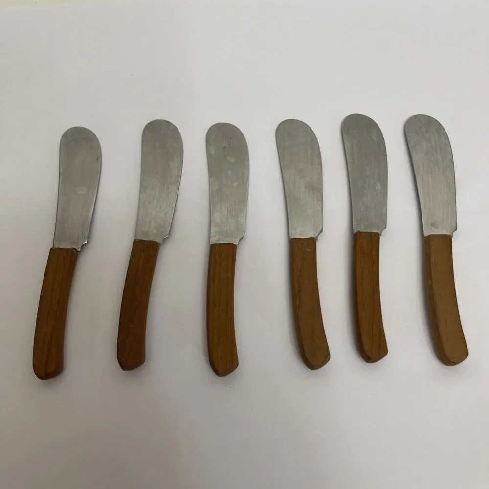 Vtg Stainless Canapé Knife Set Teak Handles Ontaguri Japan Spreaders Set Of 6
